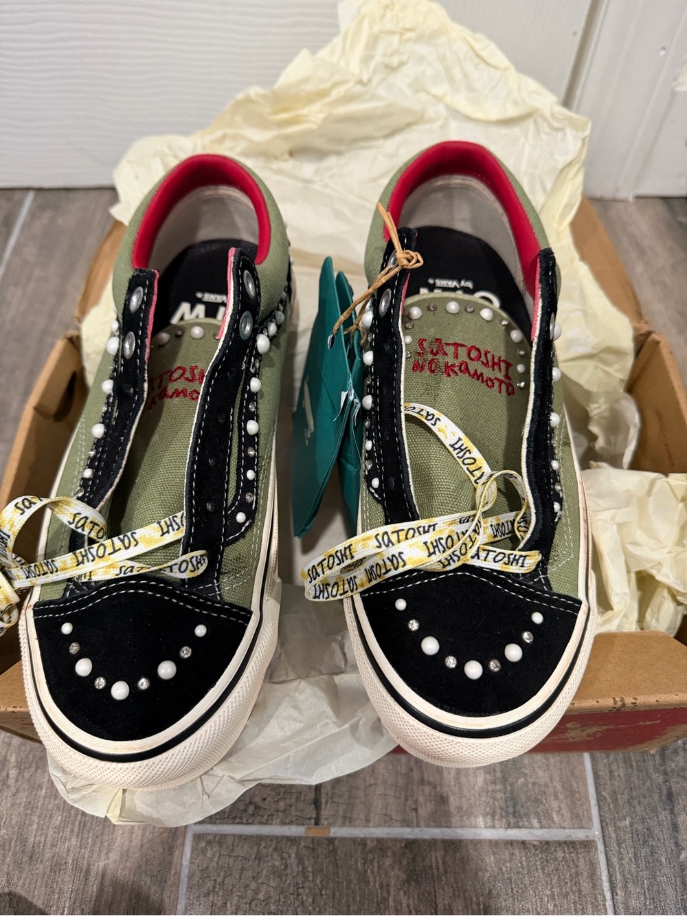 Vans OTW x Satoshi Nakamoto Olive and Black Pearl-Trim Slip-On Sneakers - Picture 2 of 9